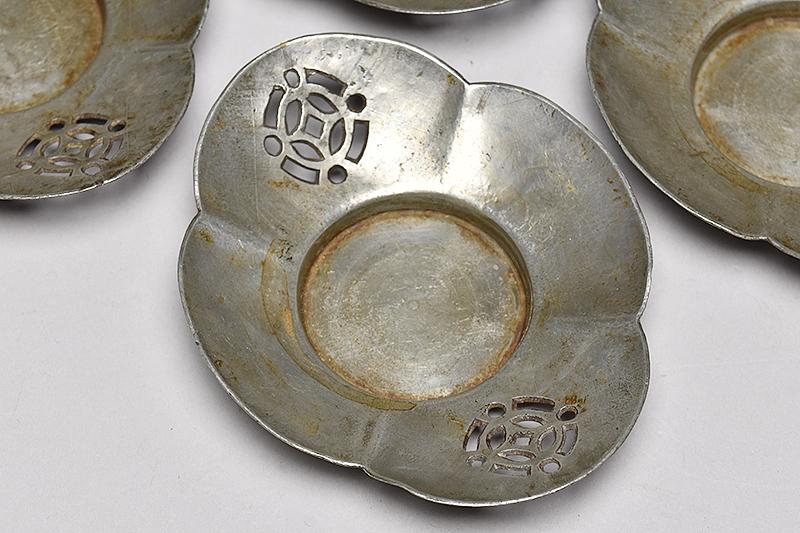 慶鐘堂造 古錫製 透彫 七宝文 木瓜式 茶托 五客 】 中國 唐物 煎茶道具