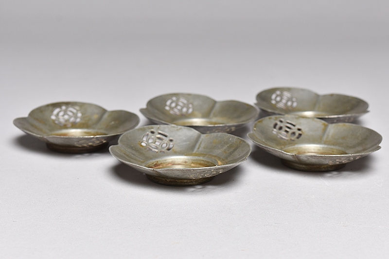 慶鐘堂造 古錫製 透彫 七宝文 木瓜式 茶托 五客 】 中國 唐物 煎茶道具