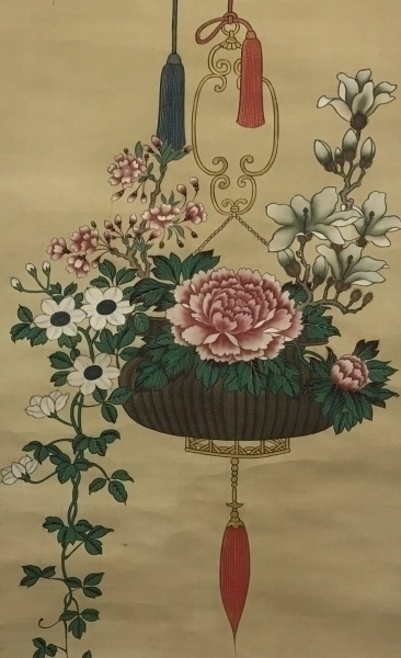 真作 柳沢淇園／徳川家三葉葵表装 花籠 掛軸 花鳥画 絹本 黒塗二重箱