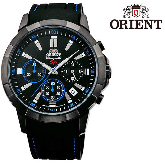 1円×3本 逆輸入オリエント50m防水クロノグラフ激レア日本未発売ブラック＆ブルー腕時計メンズ新品未使用ORIENTオールブラック全身黒塗_1