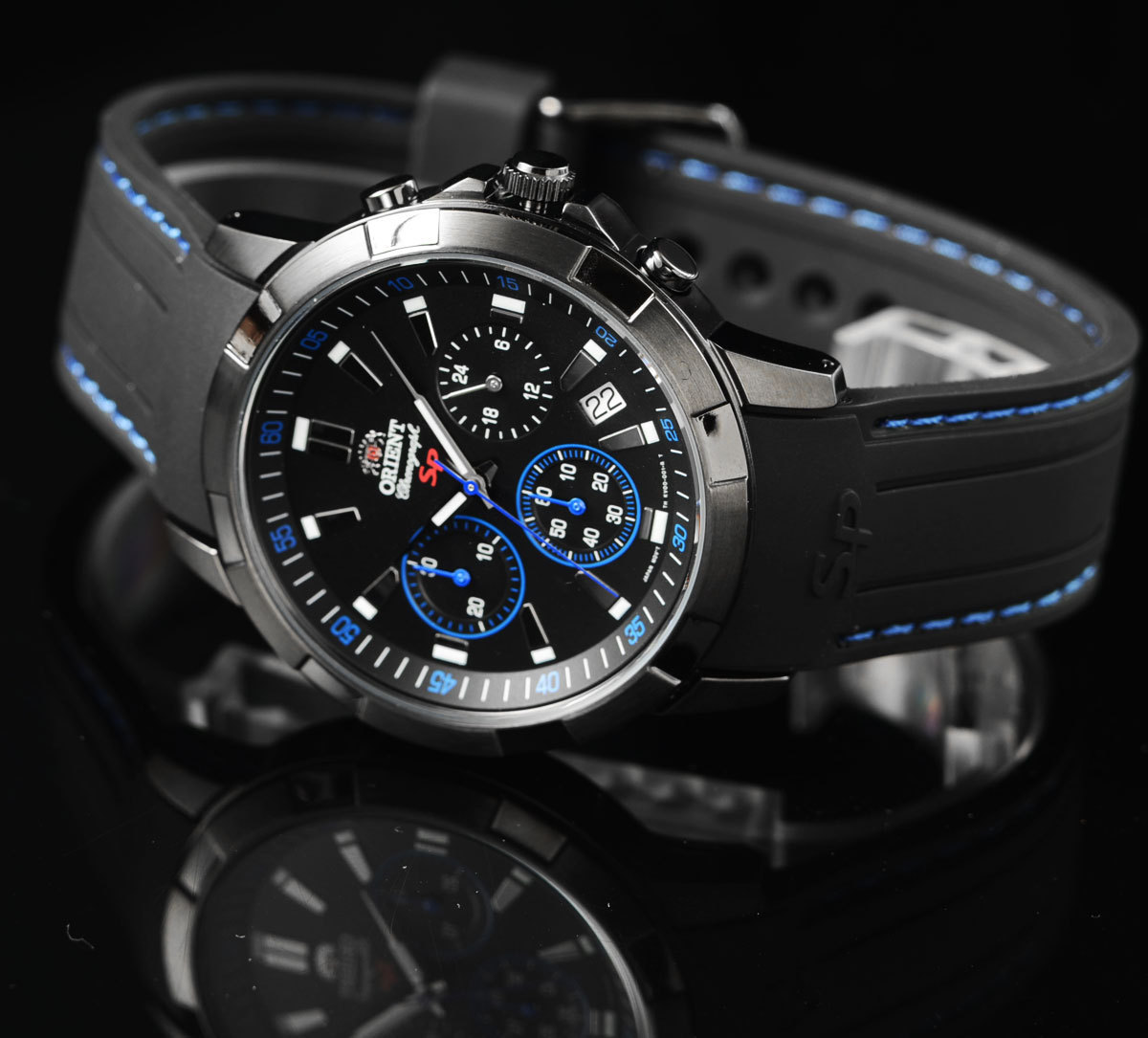 1円×3本 逆輸入オリエント50m防水クロノグラフ激レア日本未発売ブラック＆ブルー腕時計メンズ新品未使用ORIENTオールブラック全身黒塗_3