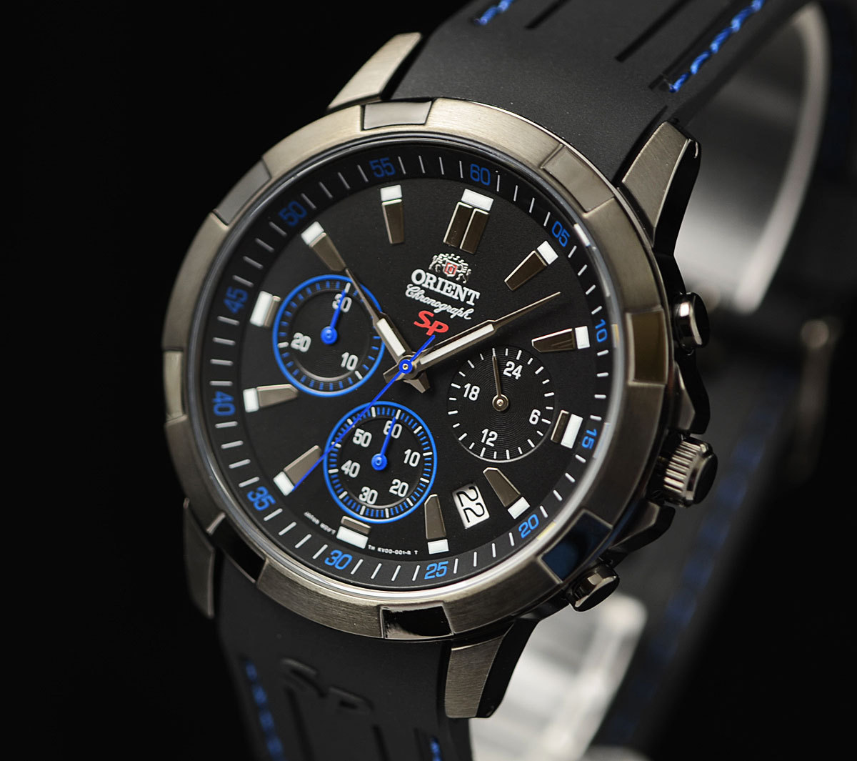 1円×3本 逆輸入オリエント50m防水クロノグラフ激レア日本未発売ブラック＆ブルー腕時計メンズ新品未使用ORIENTオールブラック全身黒塗_4