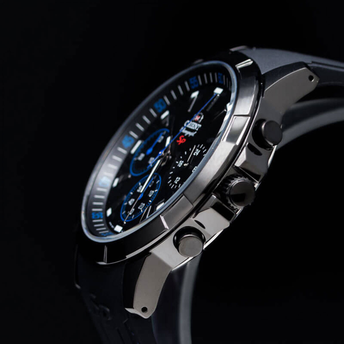 1円×3本 逆輸入オリエント50m防水クロノグラフ激レア日本未発売ブラック＆ブルー腕時計メンズ新品未使用ORIENTオールブラック全身黒塗_5