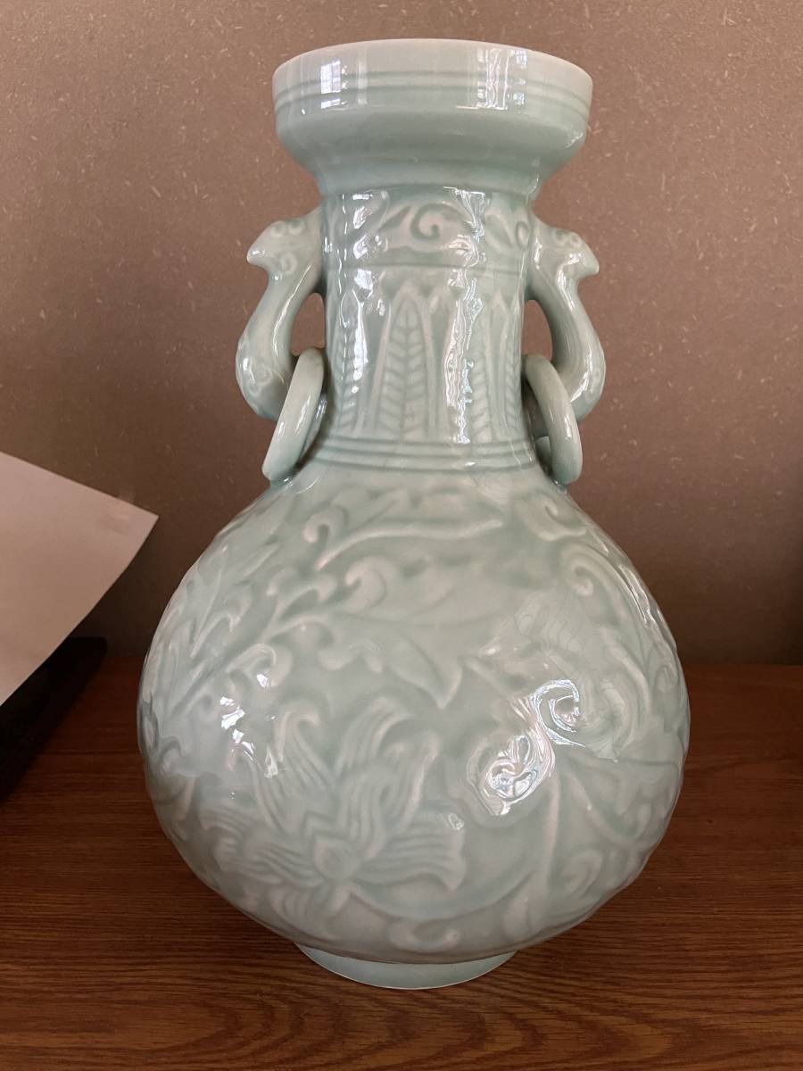龍泉 中国龍泉窯 双耳 花 牡丹文青磁花瓶 花器 壷 インテリア 花器 0