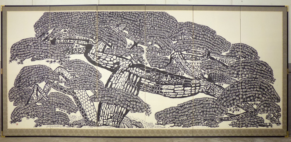 【都屋】4　版画家 乾太 大作 老松図 屏風 高さ 約179㎝ 六曲半双 木版画 松