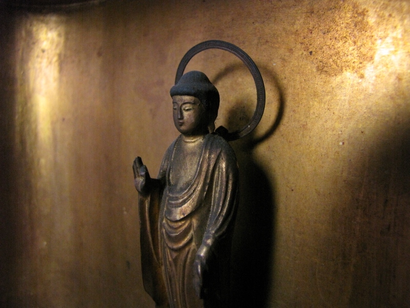 年代物 阿弥陀如来 仏像 立像 来迎印 摂取不捨印 木彫 幅広厨子 精密彫り