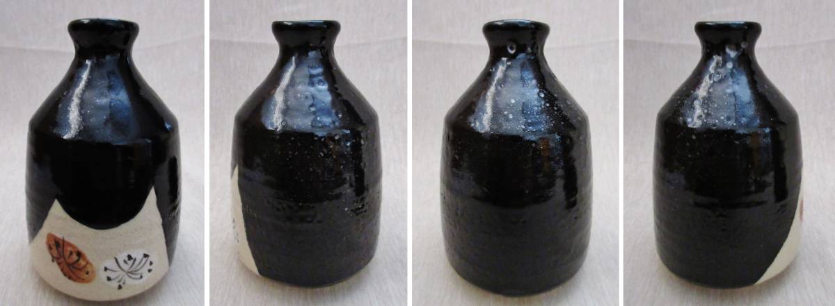 日展評議員 瀬戸名工【加藤釥】黒織部紅白梅紋酒器セット共箱、布、栞付き_2