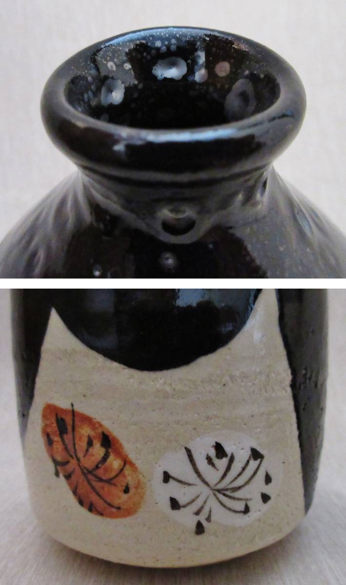 日展評議員 瀬戸名工【加藤釥】黒織部紅白梅紋酒器セット共箱、布、栞付き_3