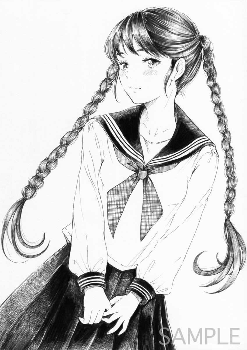 手描きイラスト*オリジナル*三つ編みでセーラー服の女の子 A4(手描き
