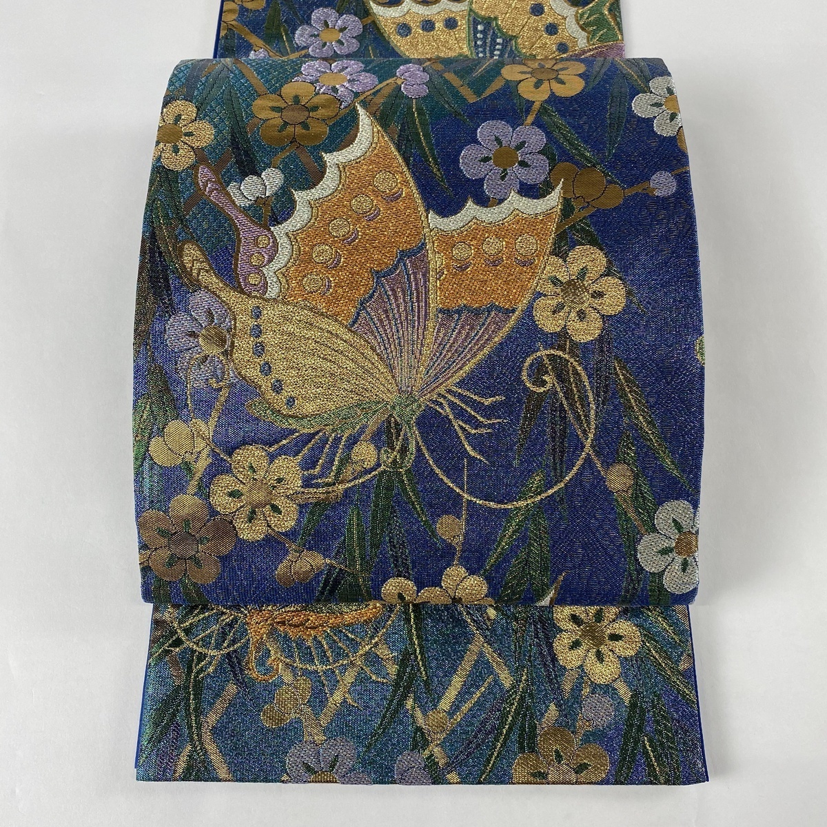 袋帯 美品 名品 蝶 梅 箔 ラメ糸 青紫 全通 正絹 【中古】