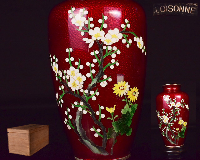 安い 本店 【泉美】D999 七宝花瓶 赤透地 梅紋 花器 花入 台付 木箱入