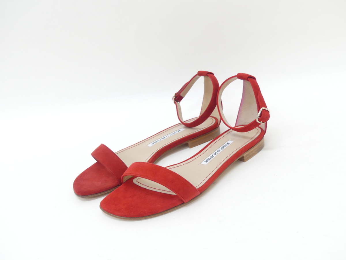 未使用 MANOLO BLAHNIK サンダル CHAFLA 37 1/2 レッド スエード ロン 