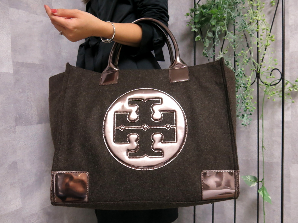 【人気セール，送料無料】 超 TORY BURCH トリーバーチ エラ ウール エナメル レザー 本革 トート バッグ ダーク グレー ブロンド A4 収納 Js15133(かばん、バッグ)｜売買されたオークション情報、yahooの商品情報をアーカイ かばん、バッグ
