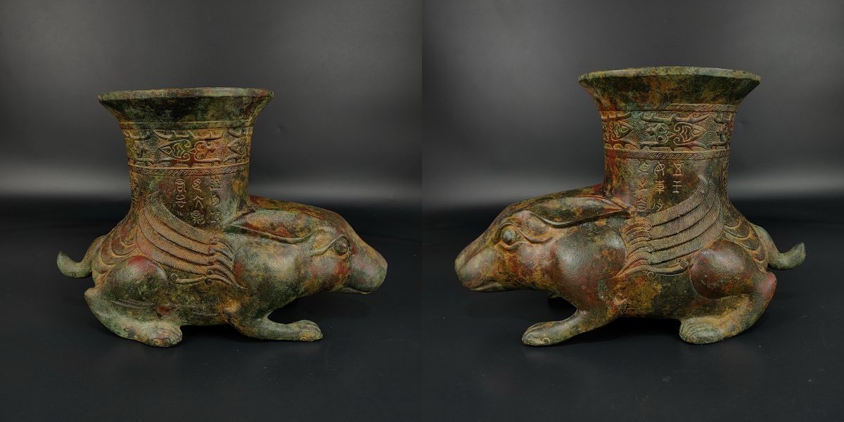 傳】中国青銅器 戦漢時代出土品 大型古代青銅器 酒具 兔尊 置物 時代物
