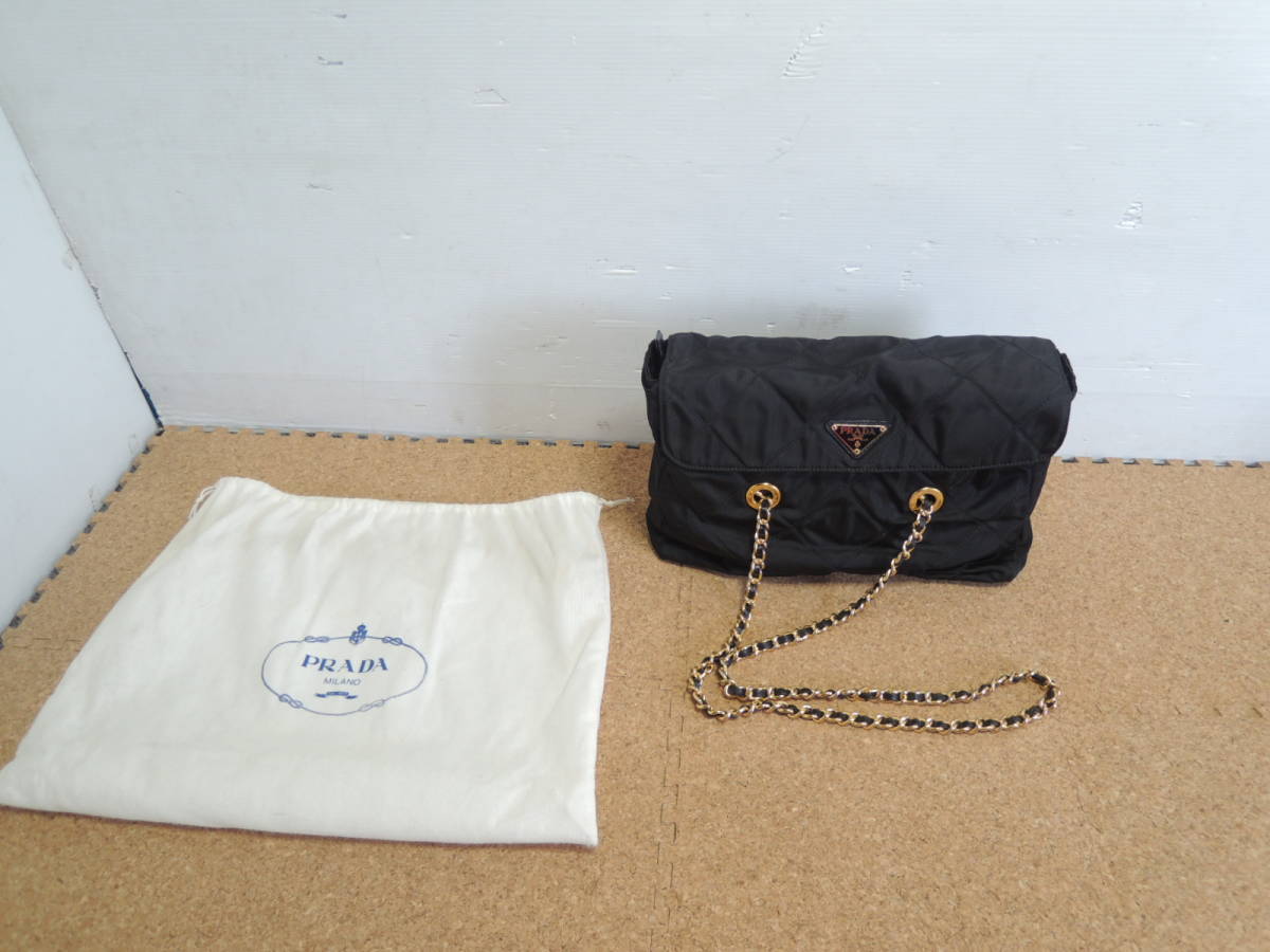 △美品 プラダ PRADA MILANO ダブルチェーンバッグ 黒 ブラック系 