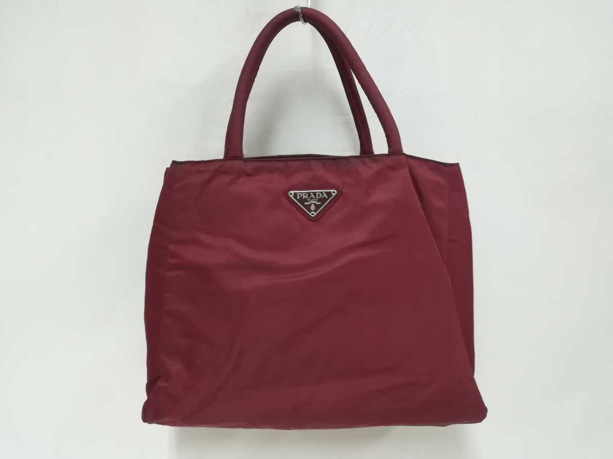 PRADA プラダ ハンドバッグ ナイロン 三角プレート ボルドー トート 