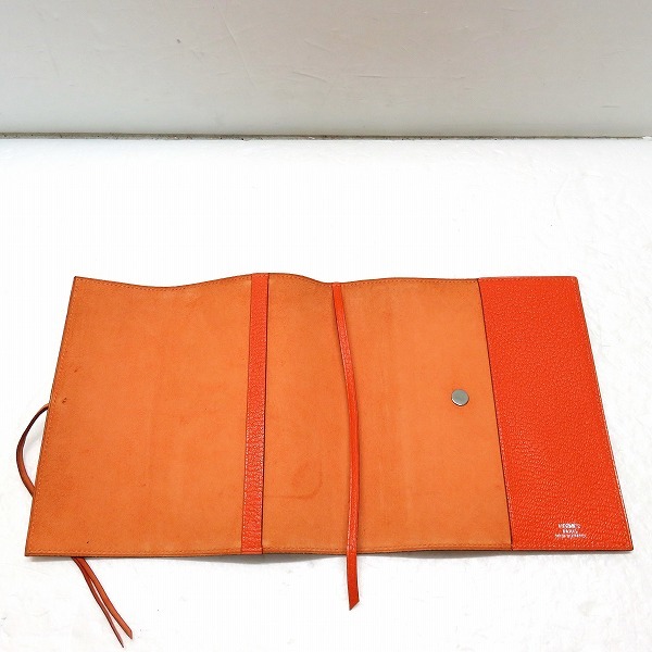 ブックカバー エルメス HERMES A5 Eazip ブランド エルメス シェーブル ブックカバー □H刻印 セリエ 手帳カバー オレンジ ブランド小物 ユニセックス☆0347
