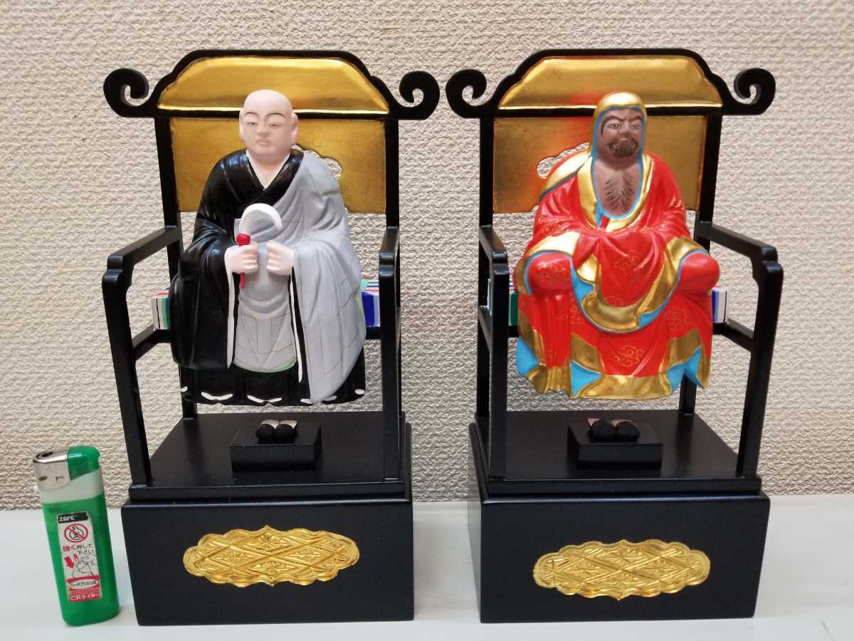 木製 極彩色 禅宗 脇侍一対 達磨大師・道元禅師 二寸五分 箱台付 臨済