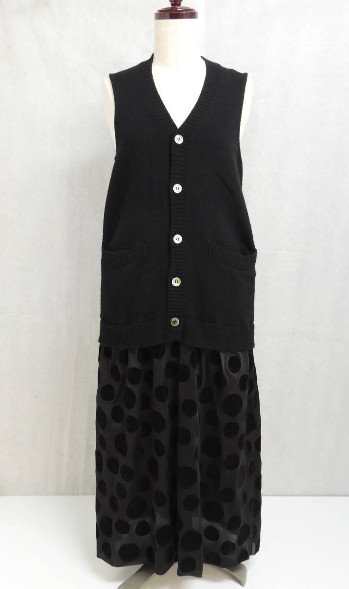 □　JUNYA WATANABE ジュンヤ・ワタナベ COMME des GARCONS ドッキングニット ノースリーブ ロング ワンピース 黒 ブラック 水玉 中古 ③