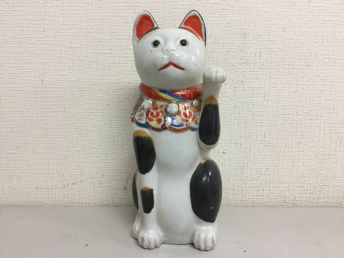 古い招き猫　明治　大正　戦前　左手上がり　陶器　金彩　28.8cm　縁起物　置物　骨董　時代　　　A4.1