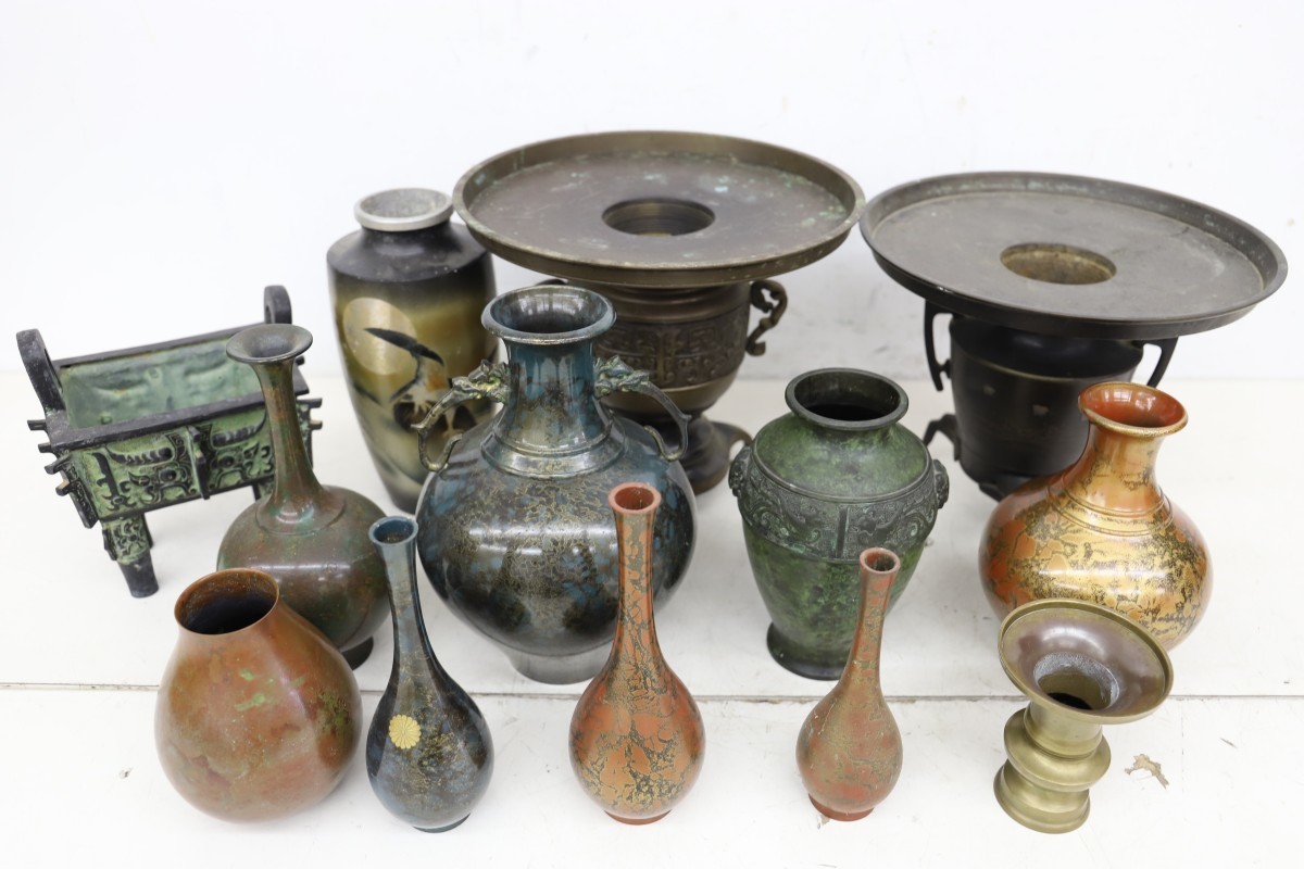 銅花器b45]☆青銅 花瓶 持ち手付き☆33.5cm 竹編み籠型 花生 華道 木箱