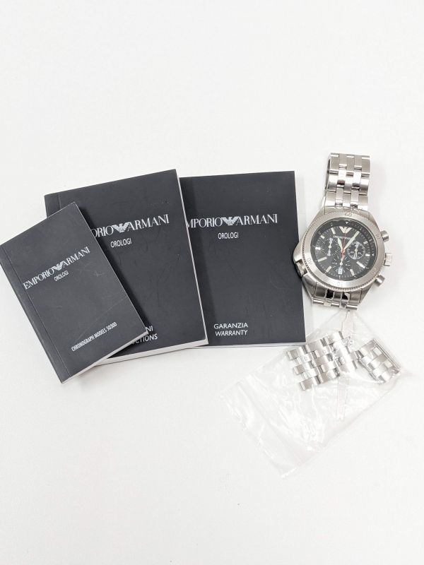 【稼働品】EMPORIO ARMANI エンポリオ アルマーニ メンズ 腕時計 時計 AR-0546 クロノグラフ 黒 ブラック 文字盤 クロノ不良あり