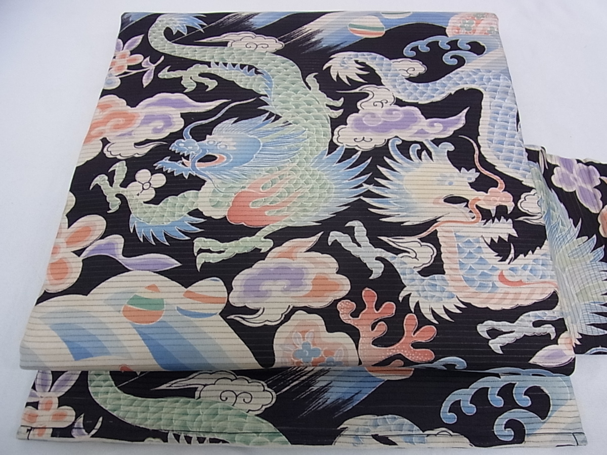 平和屋着物■夏物　アンティーク　大正ロマン　九寸名古屋帯　引き抜き帯　絽　雲龍文　濃紺地　逸品　w1614