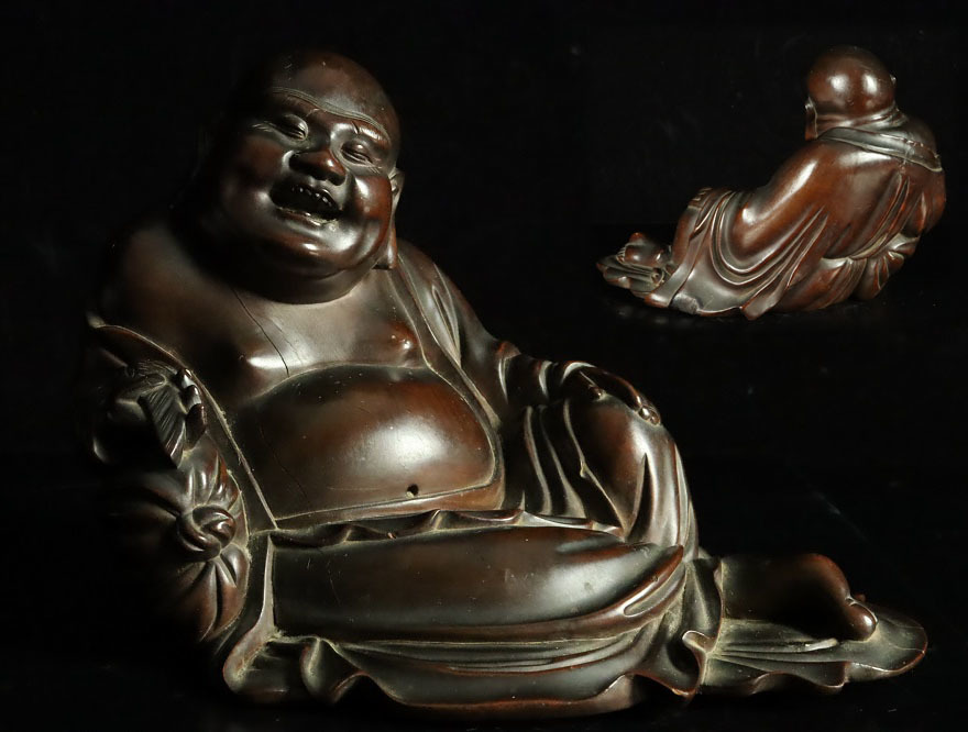 細密彫刻　布袋像　唐木　中国古玩　中国美術　仏像　唐物　七福神　時代物 縁】中国古玩 唐木 龍眼木 細密彫り布袋像 時代トロトロの質感 広島県