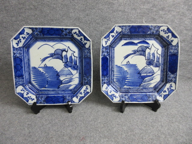 染付 伊万里 山水文 古 高さ5cm 大角皿（江戸幕末期）｜30cm