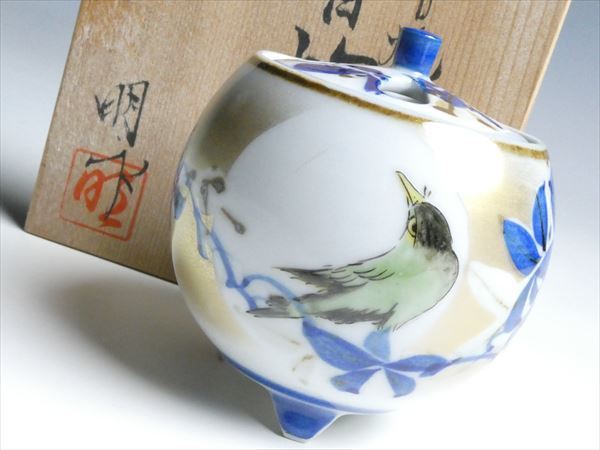 九谷焼 香炉 色絵 共箱 - 金襴手 香爐 角福 色絵金襴手『雲浪龍鳳