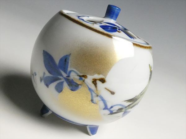 九谷焼 香炉 色絵 共箱 - 金襴手 香爐 角福 色絵金襴手『雲浪龍鳳