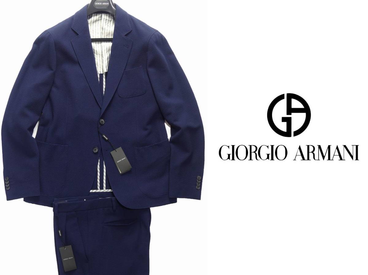 春夏物430，000円新品GIORGIO ARMANIアルマーニ★通気に優れた凹凸メッシュ生地セットアップ紺ストレッチスーツ【56＝日本3XL】
