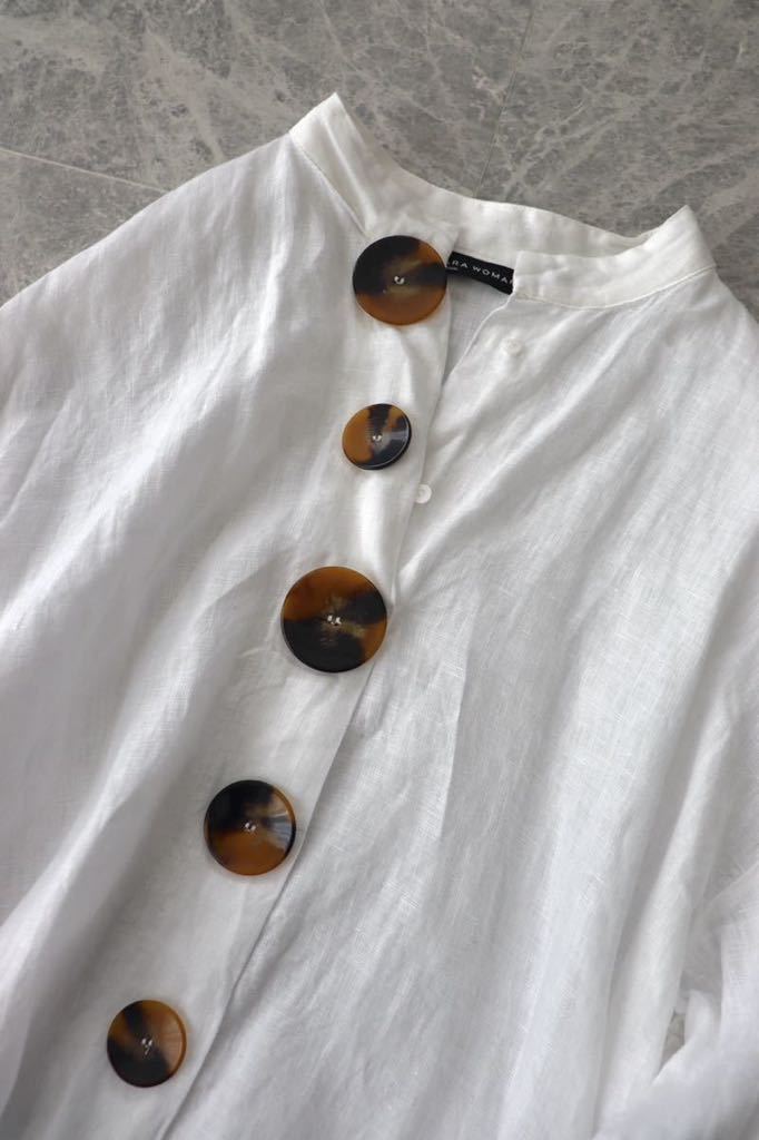 ZARA ザラ リネン ビッグボタン ブラウス ノーカラー プルオーバー 
