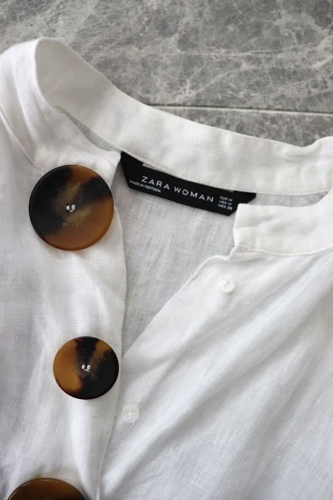 ZARA ザラ リネン ビッグボタン ブラウス ノーカラー プルオーバー 