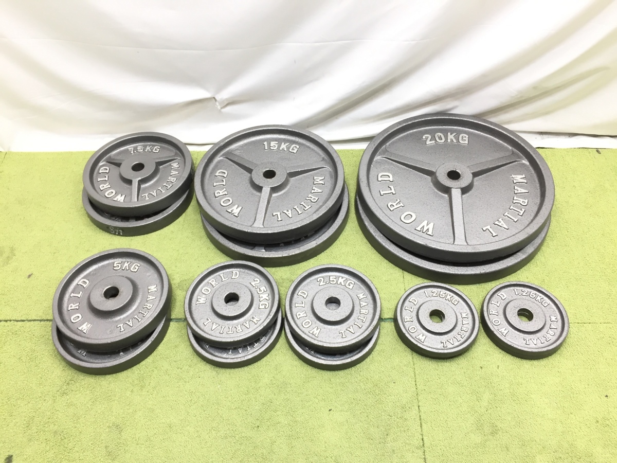 マーシャルワールド　アイアンプレート　総重量110kg　ボディーメーカー製ダンベルシャフト　オリンピックシャフトセット　1円～　d3095N 最大400円OFFクーポン配布中｜マーシャルワールド マーシャルワールド ポリウレタンオリンピックバーベルセット110kg｜トレーニングマシンの WORLDアイアンプレート（穴径28ｍｍ） MARTIAL 送料