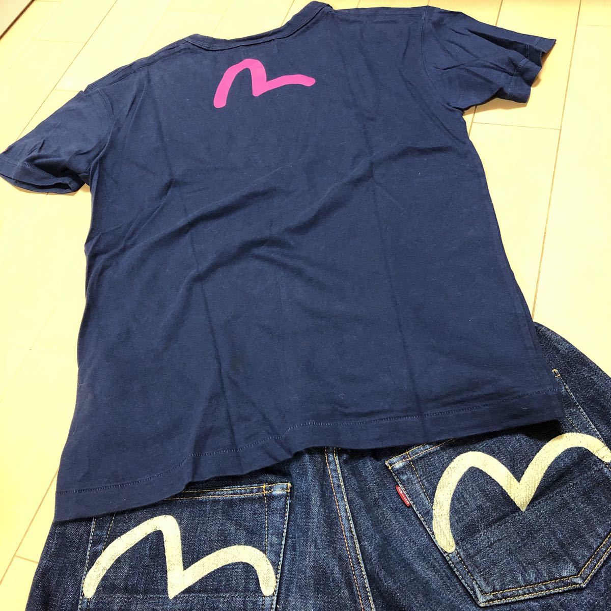 EVISUエヴィスジーンズ エビス戎 半袖Tシャツ 紺色 サイズ40 ピンク色 