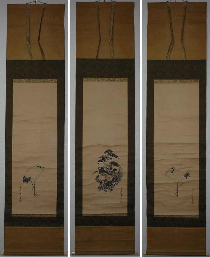 【真作】★掛軸★狩野晴川院養信　蓬莱山・鶴　三幅対　合箱入★U59
