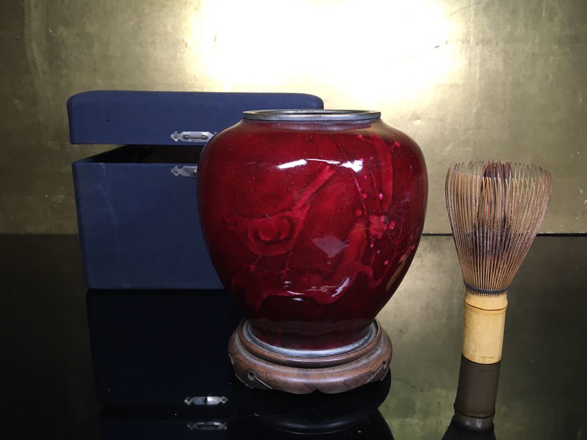 明治～大正期 古七宝 紅地 梅花鳥文七宝花瓶 辰砂釉 当時物共箱 珍品