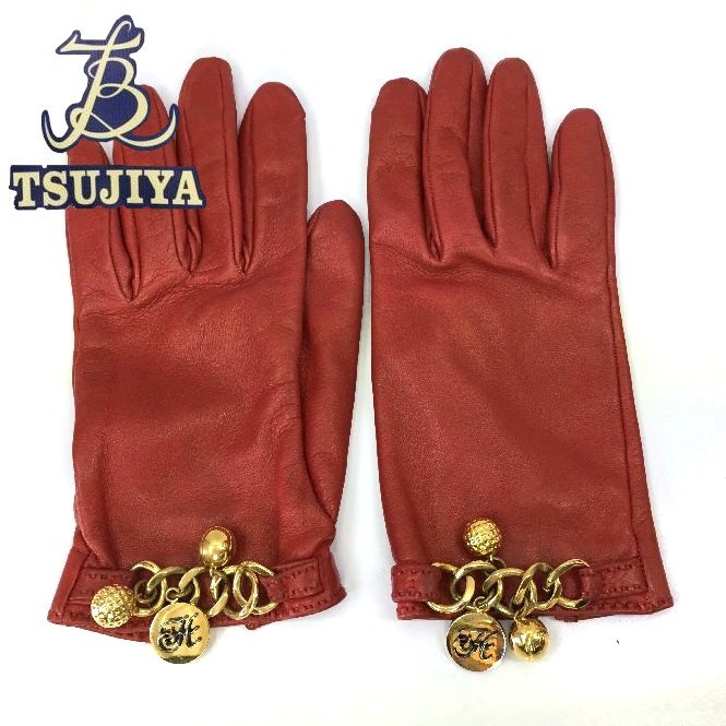 HERMESエルメス グローブ レッド ゴールド金具 飾り付き サイズ７ レディース 中古AB【辻屋質店14852】