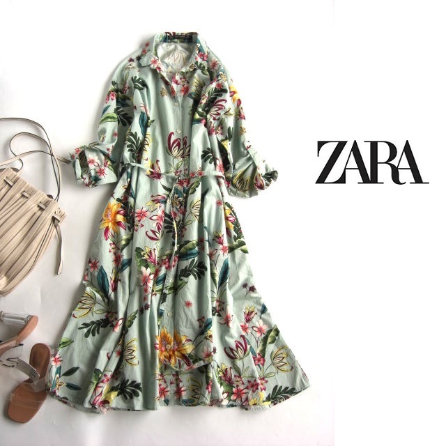 ザラベーシックzara ボタニカルフラワーロールアップスリーブシャツワンピース Lサイズ グリーン系花柄 送料198円 ワンピース 売買されたオークション情報 Yahooの商品情報をアーカイブ公開 オークファン Aucfan Com