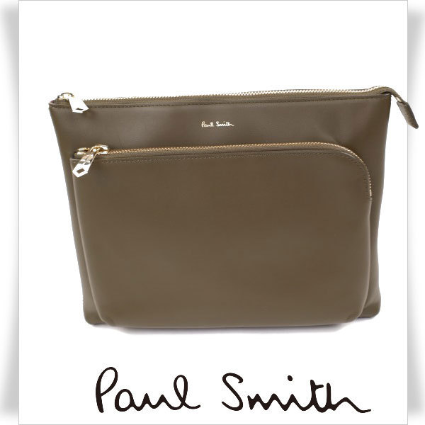 新品1円～★定価3.7万 ポールスミス Paul Smith 牛革レザーショルダーバッグ ボディバッグ ソフトレザー カーキ 正規店本物 ◆9982◆