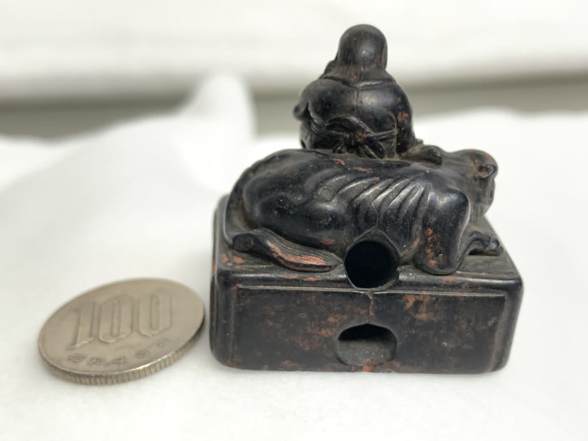 時代 木彫 根付 印材 4cm×4cm 牛 人物 印章 骨董 中国 ホビー