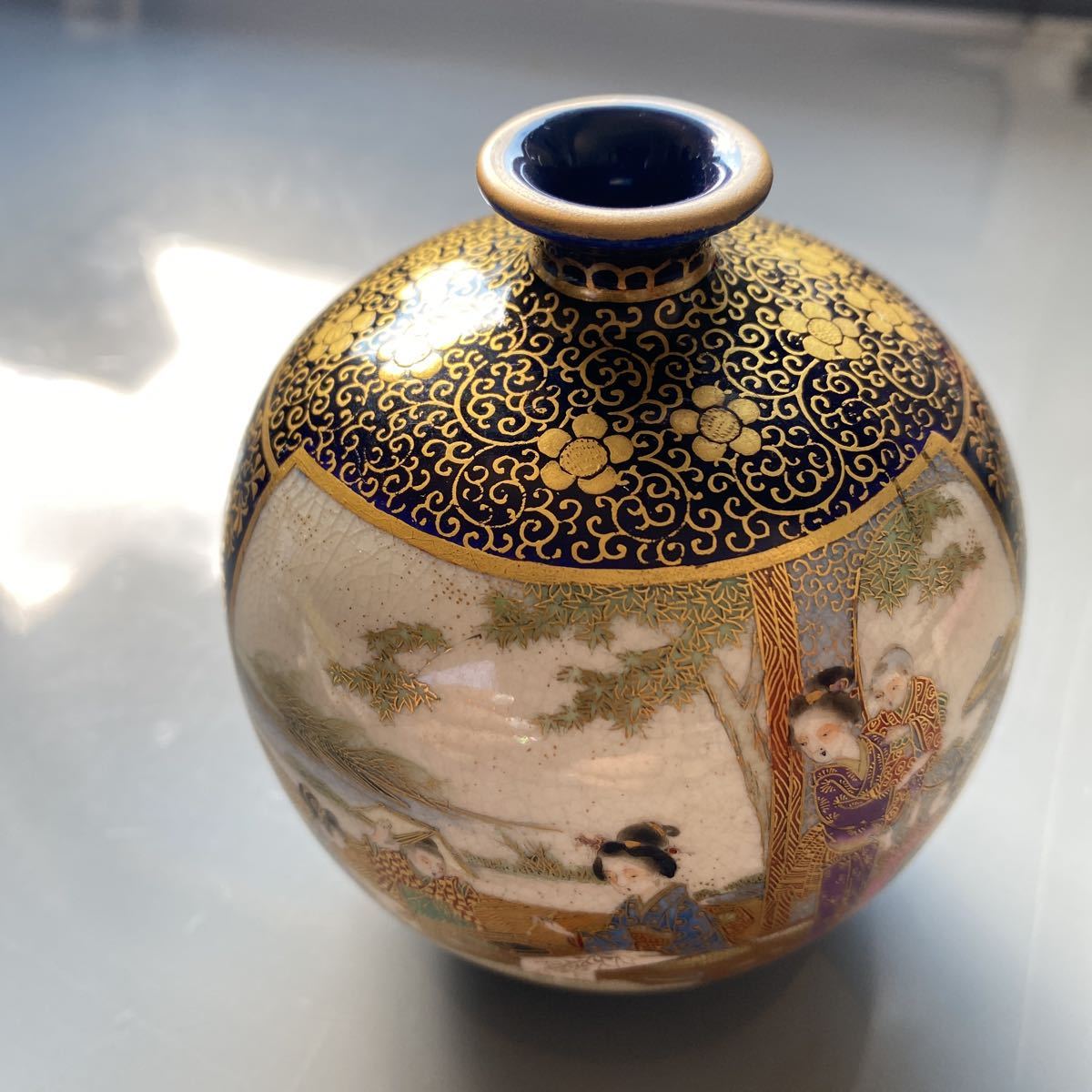 薩摩光山造 花と鳥模様の陶器壺 薩摩焼 錦光山銘 色絵鳥図鉢 U5335