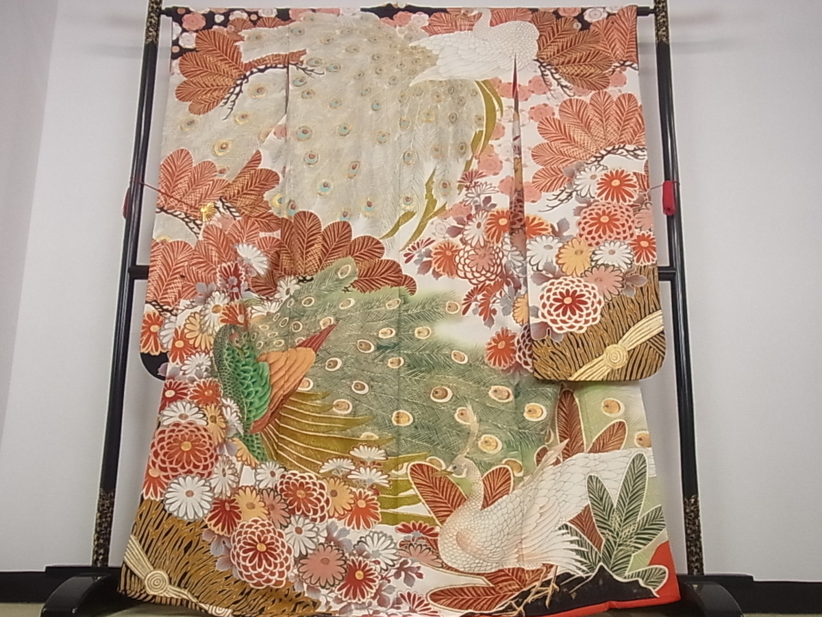 着物屋こころ□極上 アンティーク 大正ロマン 振袖 駒刺繍 孔雀梅松文 