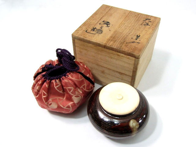 清水茂生造 茶入 木箱・仕覆あり 大海 肩衝茶入 清水茂生（作)