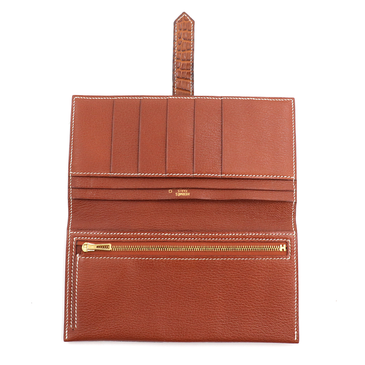 1円□ 極美品 エルメス HERMES クロコダイル アリゲーター ベアン 二  