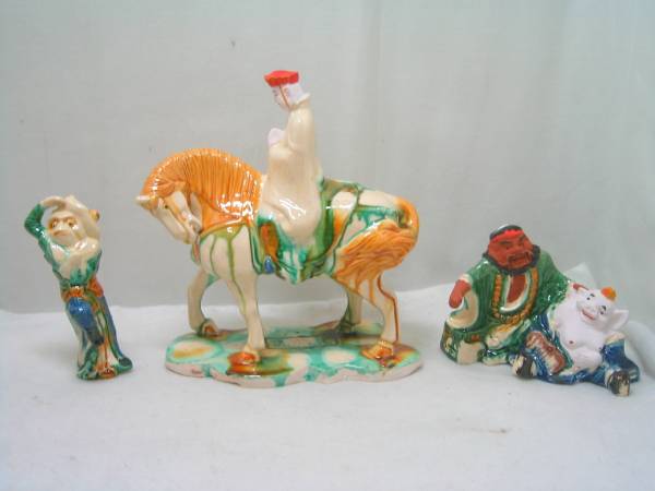 唐三彩 西遊記 中国 三蔵法師 孫悟空 猪八戒 沙悟浄 置物☆(色絵磁器 