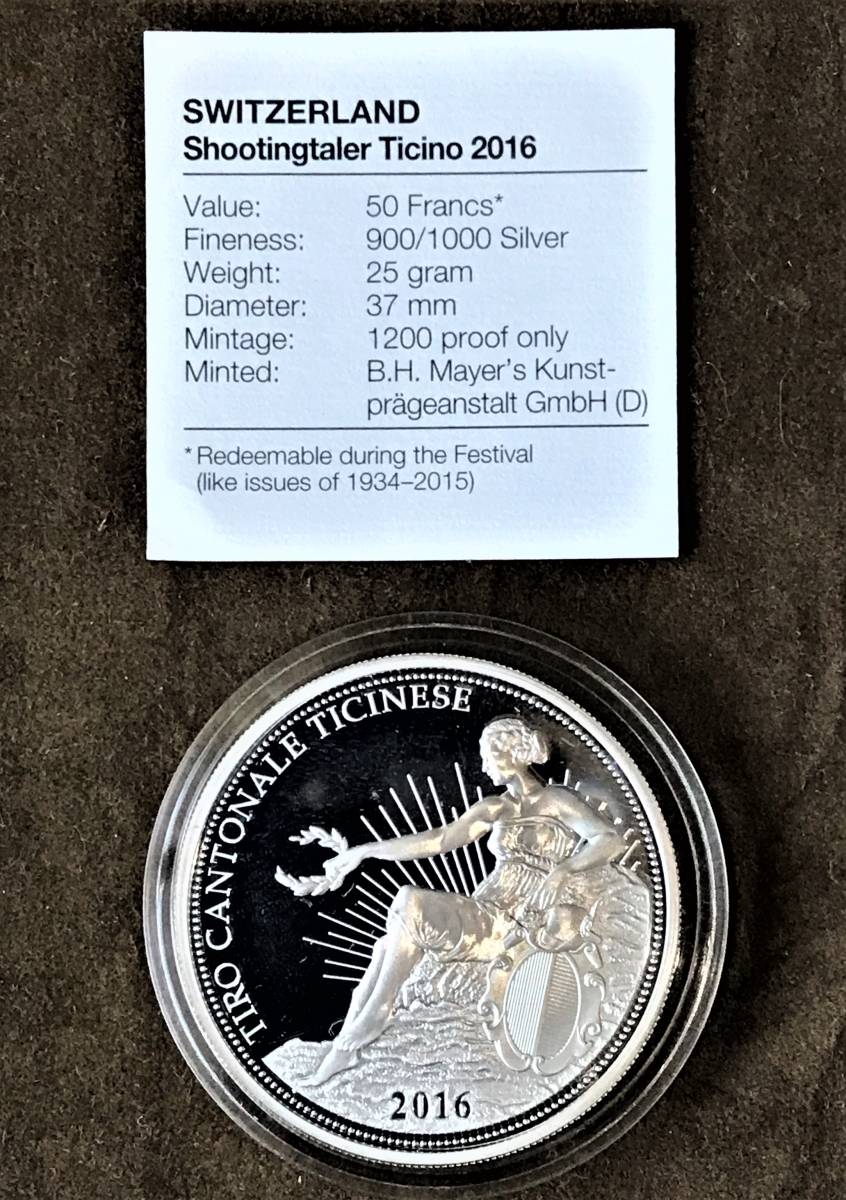 2016年 スイス ティチーノ 50フラン 50フラン銀貨 プルーフ スイス現代