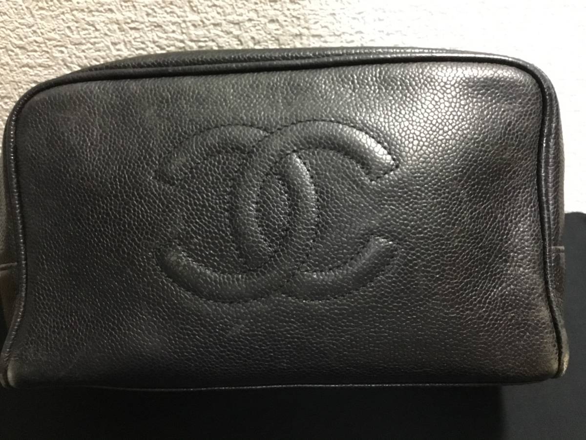 CHANEL キャビアスキンポーチ・バック・コスメポーチ ブラック 