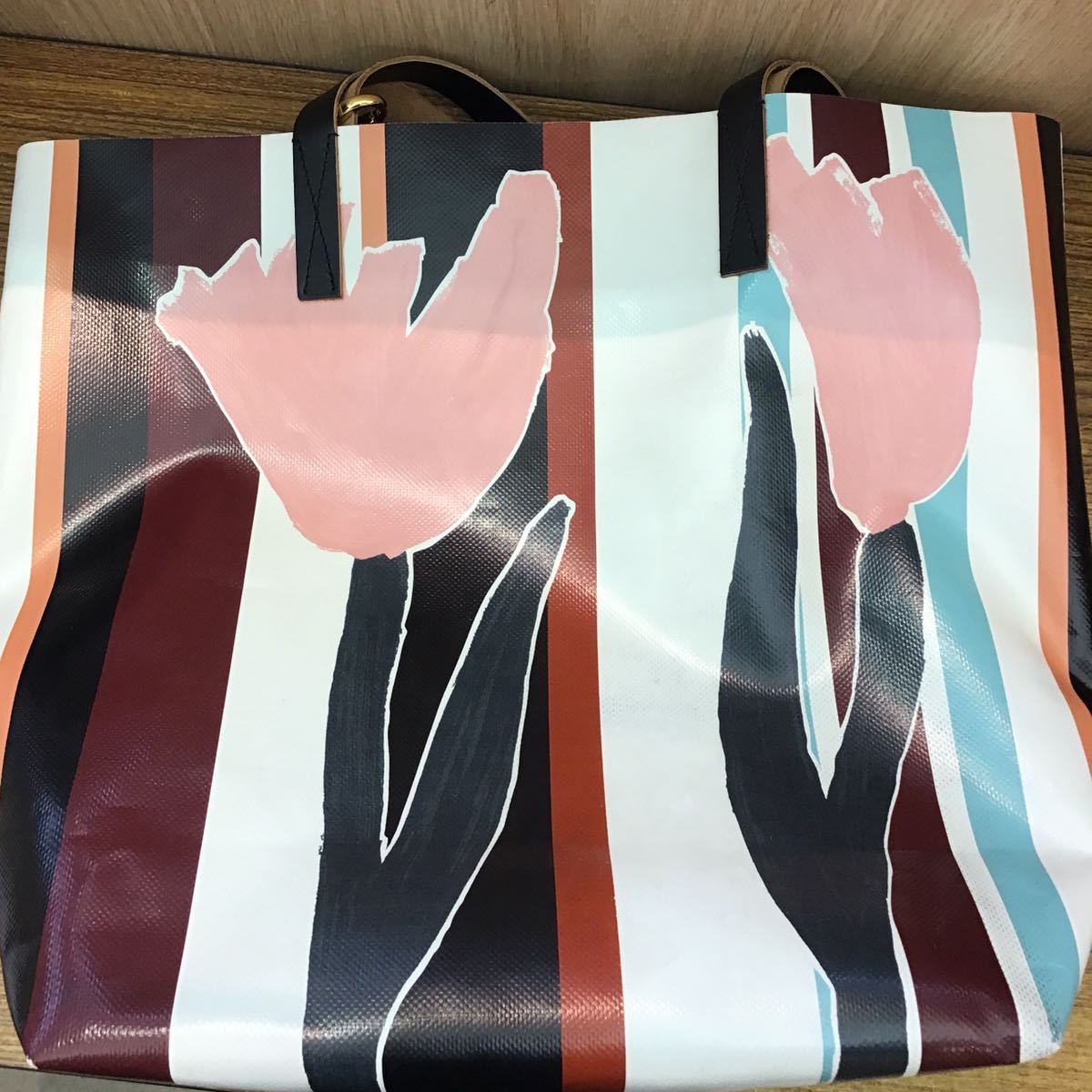 MARNI】マルニ ストライプ×チューリップ柄 トートバッグ 合成皮革 